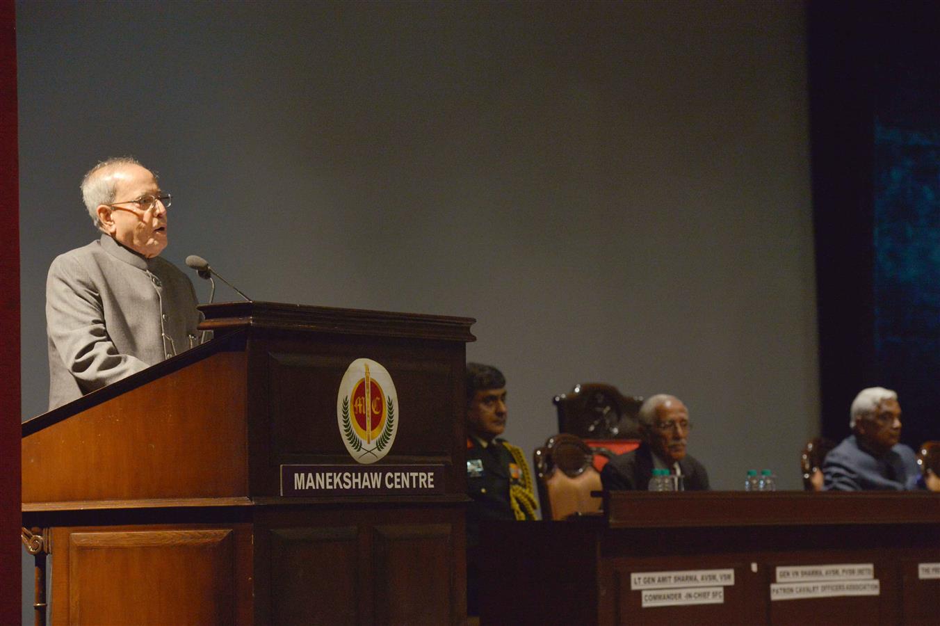 The President of India, Shri Pranab Mukherjee delivering the Cavalry Memorial Lecture organized by the Cavalry Officers’ Association at Manekshaw Centre in New Delhi on November 18, 2015 .