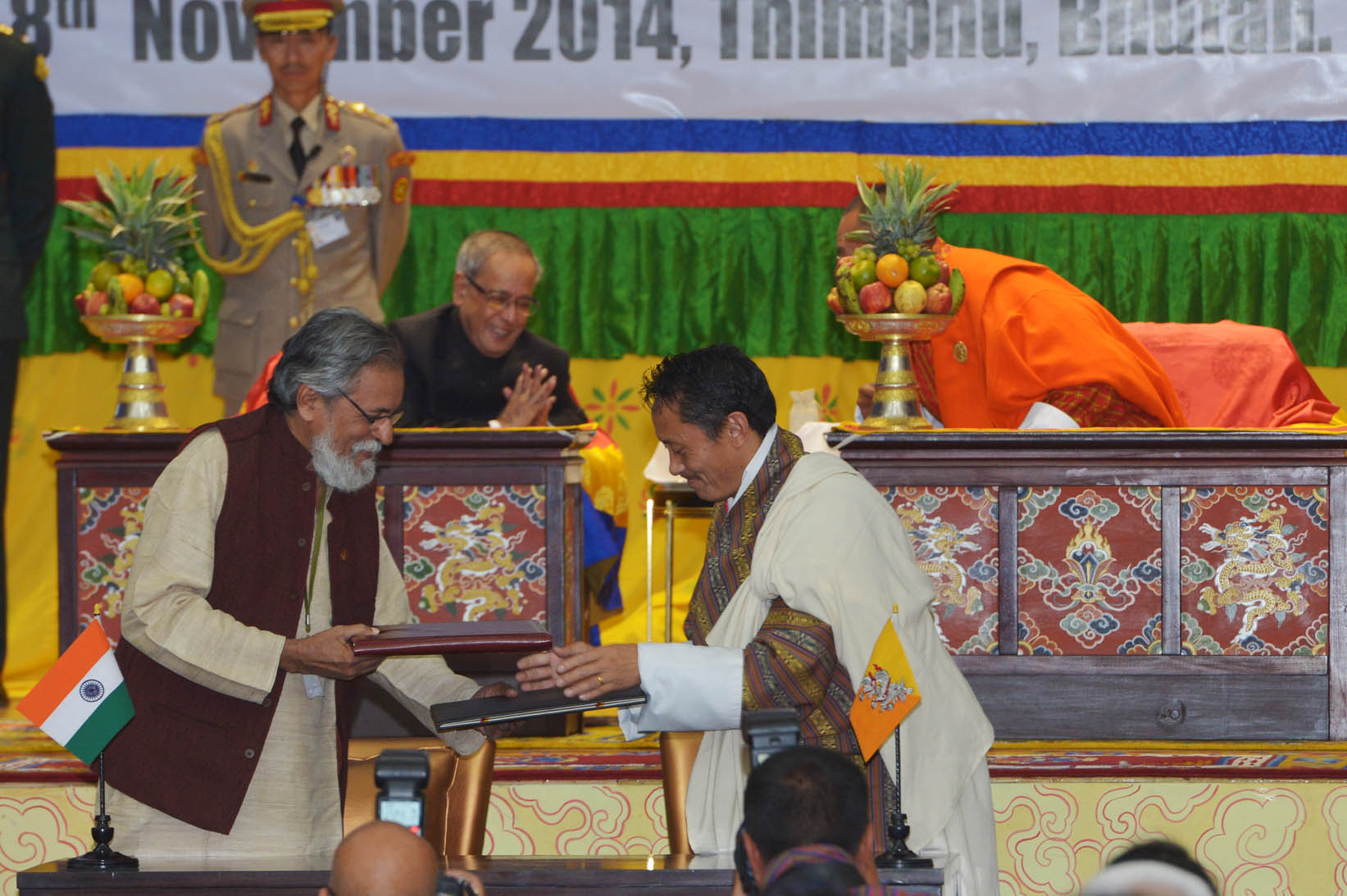 The President of India, Shri Pranab Mukherjee and Prime Minister of Bhutan, H.E. Mr. Tshering Tobgay witnessing the Signing of Educational MoUs between the Bhutan and India at Thimpu in Bhutan. 