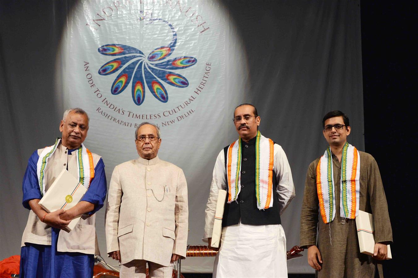 The President of India, Shri Pranab Mukherjee with artists after witnessing a Rudra Veena Performance by Ustad Bahauddin Dagar at Rashtrapati Bhavan Cultural Centre (RBCC) on September 24, 2016. 