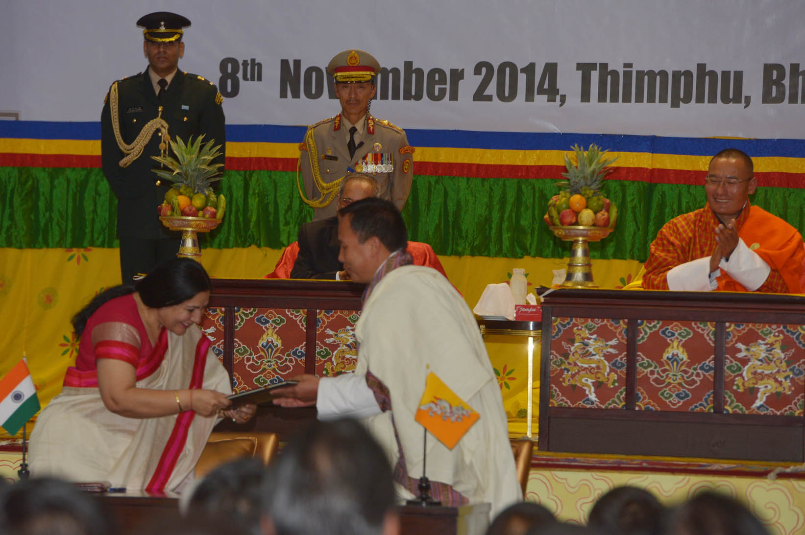 The President of India, Shri Pranab Mukherjee and Prime Minister of Bhutan, H.E. Mr. Tshering Tobgay witnessing the Signing of Educational MoUs between the Bhutan and India at Thimpu in Bhutan. 