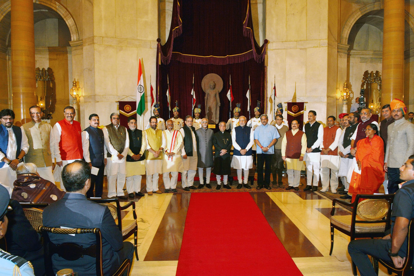 The President of India, Shri Pranab Mukherjee, the Vice President of India, Shri M. Hamid Ansari and the Prime Minister of India, Shri Narendra Modi with the newly sworn-in Union Ministers in the Durbar Hall of Rashtrapati Bhavan on November 09, 2014. 