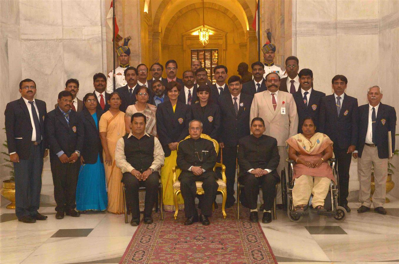 The President of India, Shri Pranab Mukherjee with recipients of Indira Gandhi National Service Scheme Awards (2014-2015) at Rashtrapati Bhavan on November 19, 2015.