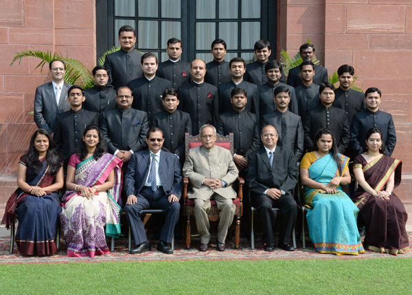 The President of India, Shri Pranab Mukherjee with the Probationers of Indian Defence Accounts Service 2010(RL) and 2012 Batches at Rashtrapati Bhavan on October 14, 2013 in New Delhi when they-called on the President.