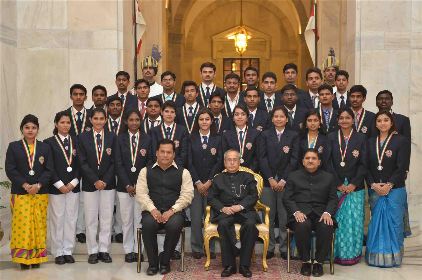 The President of India, Shri Pranab Mukherjee with recipients of Indira Gandhi National Service Scheme Awards (2014-2015) at Rashtrapati Bhavan on November 19, 2015.