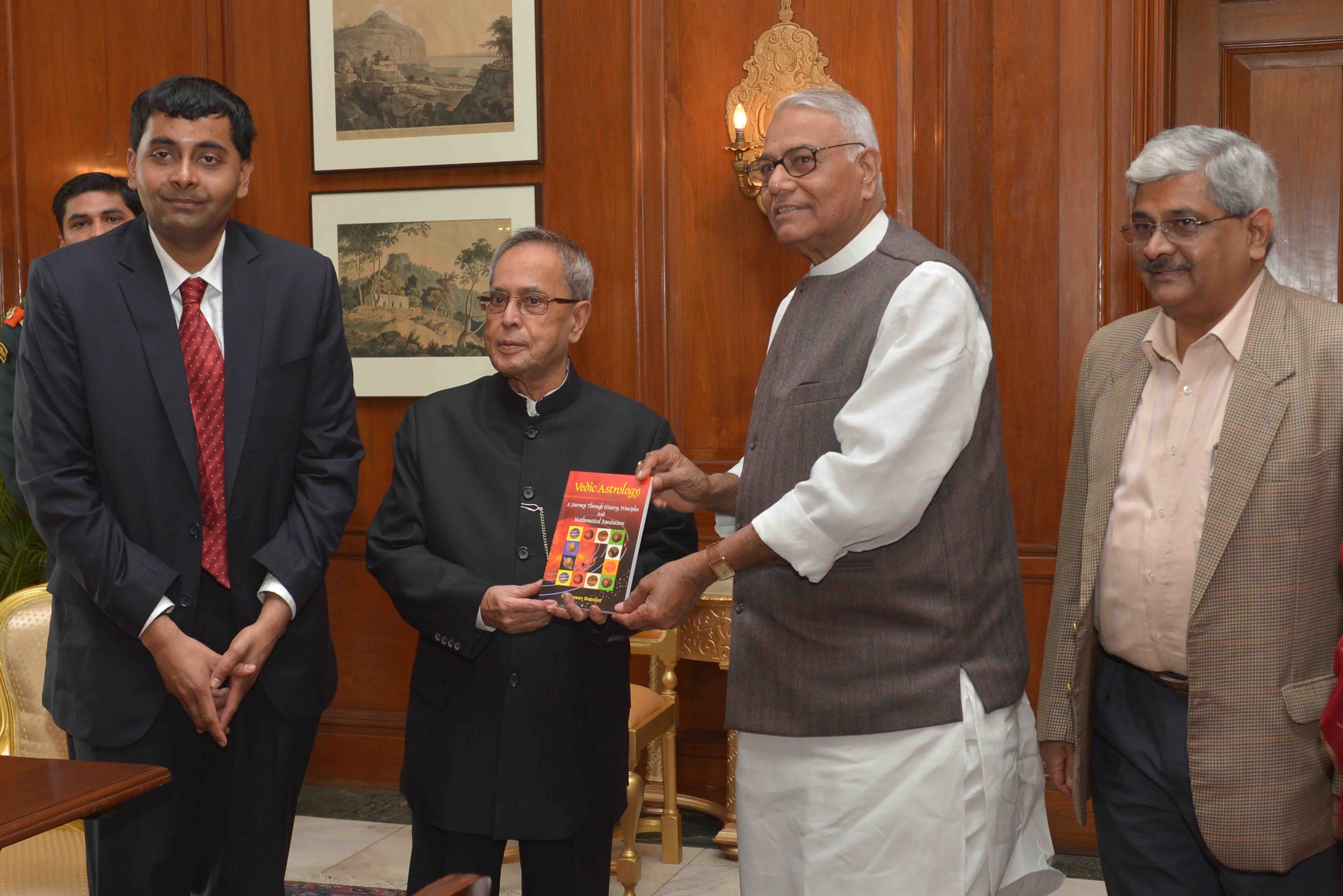 The President of India, Shri Pranab Mukherjee receiving the first Copy of the Book 'Vedic Astrology: A Journey through History, Principles and Mathematical Foundations’ authored by Shri G. Srinivasan at Rashtrapati Bhavan on February 17, 2015.