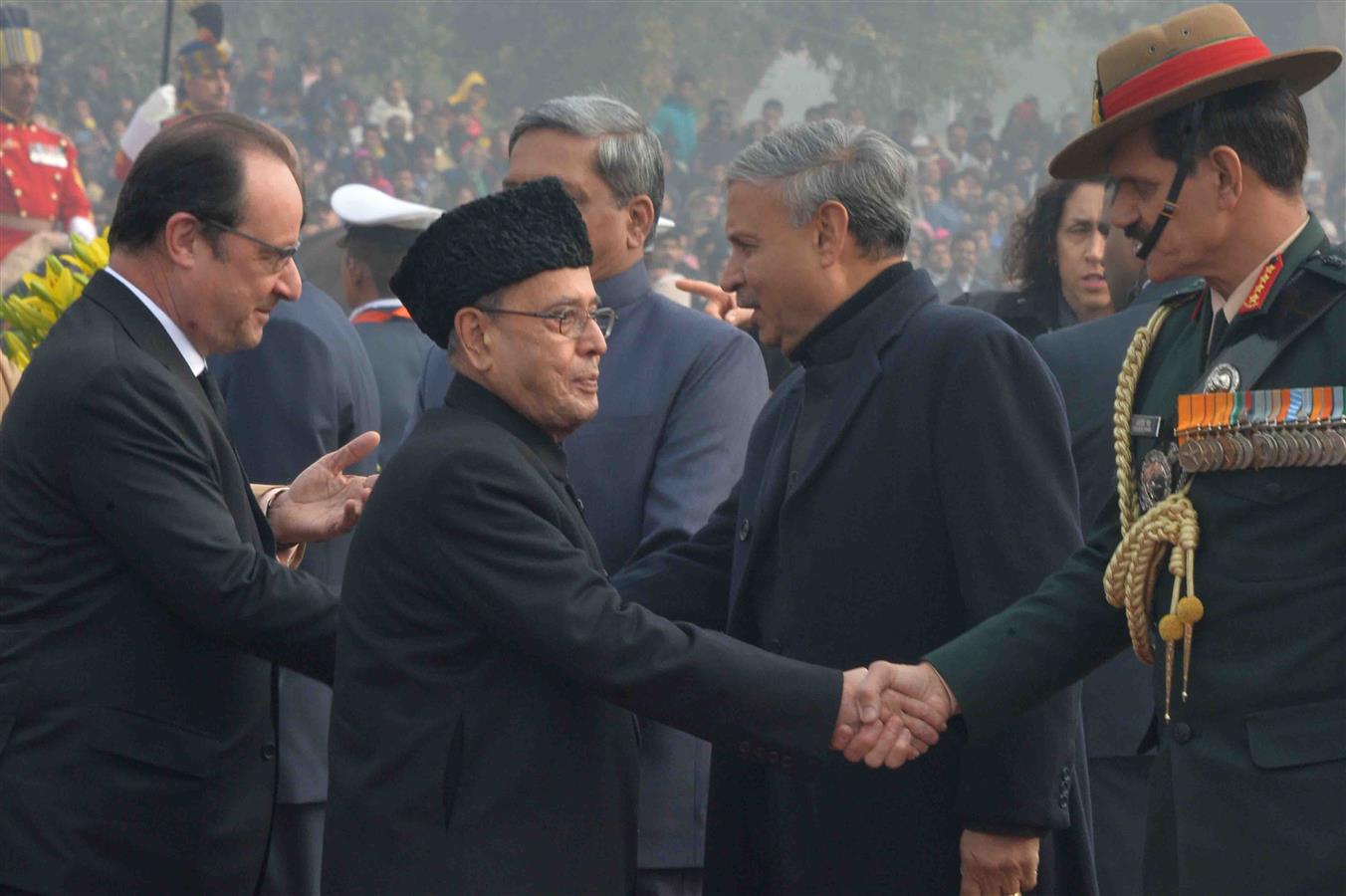 The President of India, Shri Pranab Mukherjee and the Chief Guest of the Republic Day Celebrations H.E. Mr. Francois Hollande, President of the French Republic at Rajpath on the occasion of the 67th Republic Day Parade in New Delhi on January 26, 2016. 