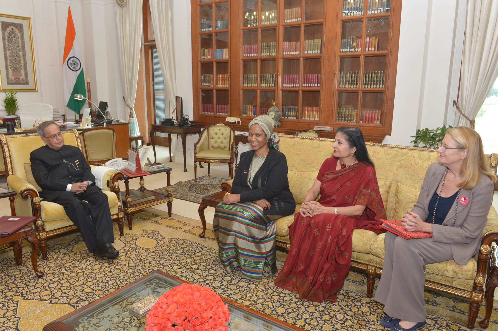 Dr. P.M. Ngcuka, Executive Director of UN Women, Mrs. Lakshmi Puri, Deputy Executive Director and Ms. Rebecca Tavares, Country Director, UN Women calling on the President of India, Shri Pranab Mukherjee at Rashtrapati Bhavan on November 11, 2014. 