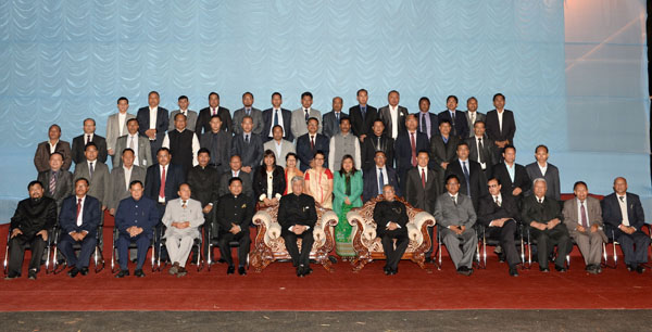 The President Pranab Mukherjee with the members of the Meghalaya Legislative Assembly at Shillong in Meghalaya on October 21, 2013. Also seen is the Governor of Meghalaya, Dr. K.K. Paul.