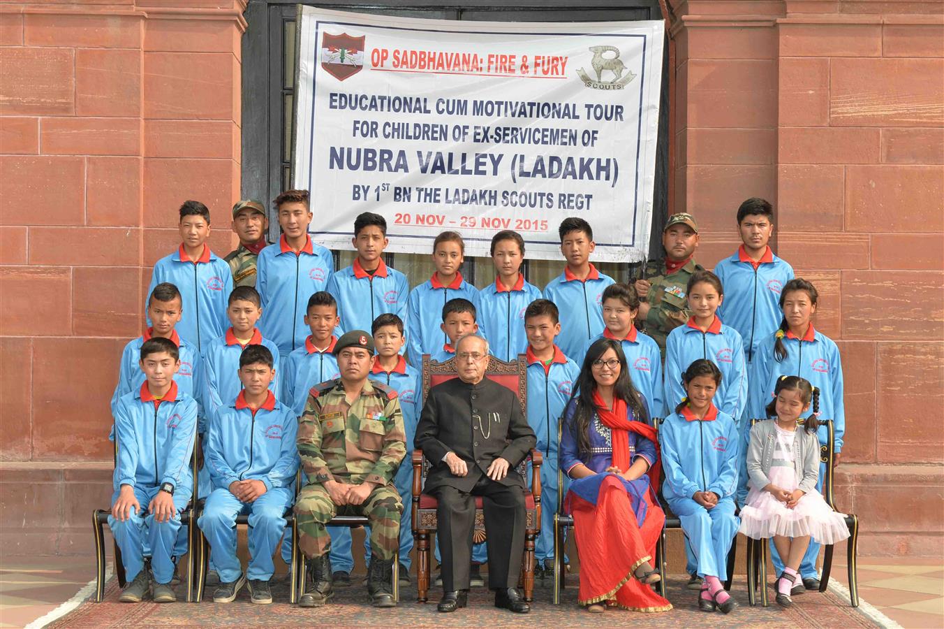 The President of India, Shri Pranab Mukherjee with students from Nubra Valley (Ladakh) attending Operation Sadbhavana tour organized by the HQ 102 Infantry Brigade (SIACHEN) at Rashtrapati Bhavan on November 23, 2015.