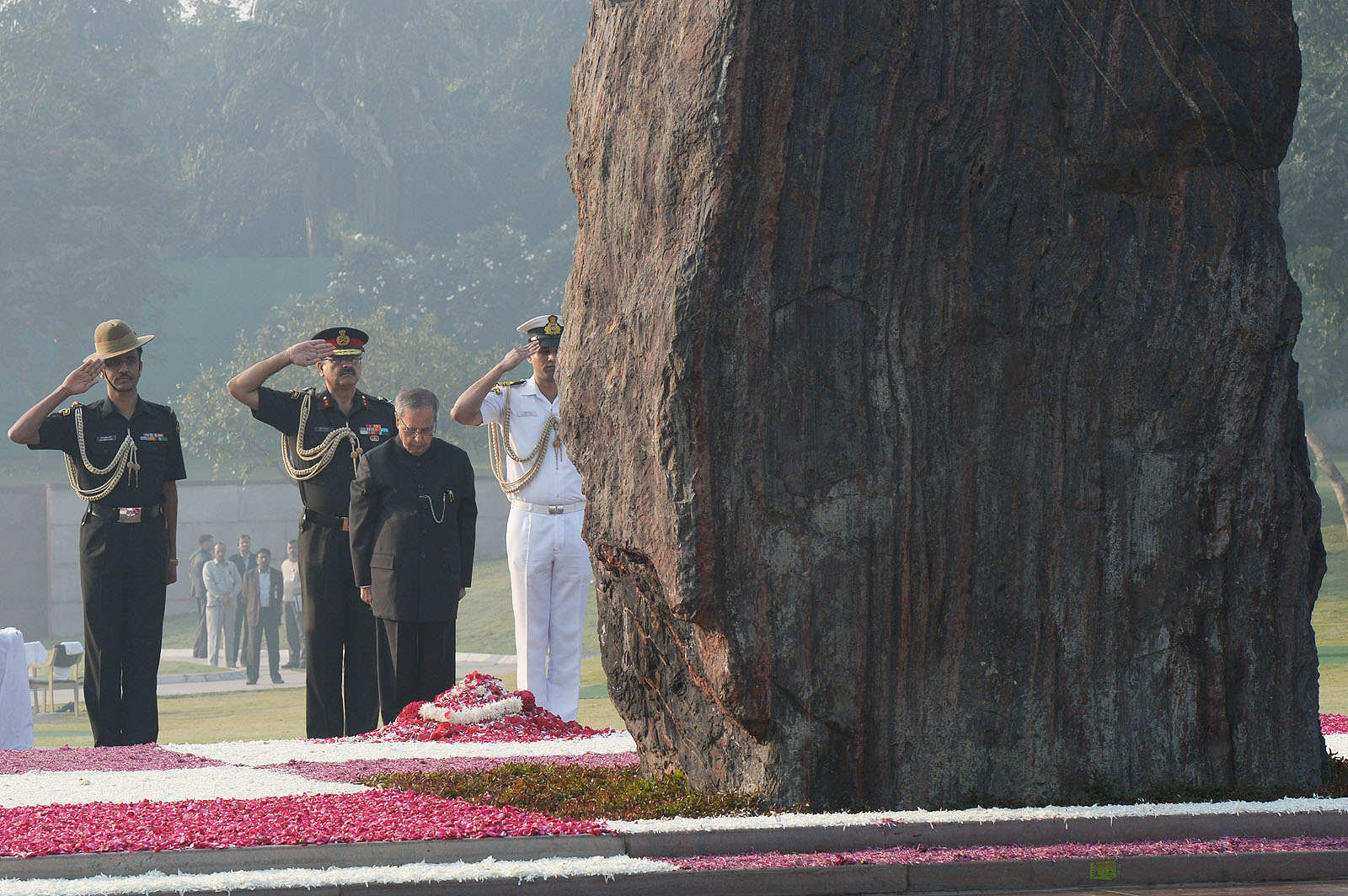 The President of India, Shri Pranab Mukherjee paying floral tributes at the Samadhi of the Former Prime Minister of India, Late Smt. Indira Gandhi at Shakti Sthal in New Delhi on November 19, 2014 to Commemorate on her 97th Birth Anniversary. 