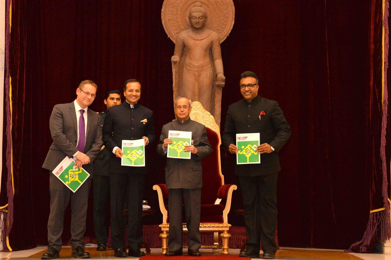 The President of India, Shri Pranab Mukherjee receiving the first copy of the Times Higher Education 'BRICS' and Emerging Economies Universities Rankings' at Rashtrapati Bhavan on December 2, 2015.