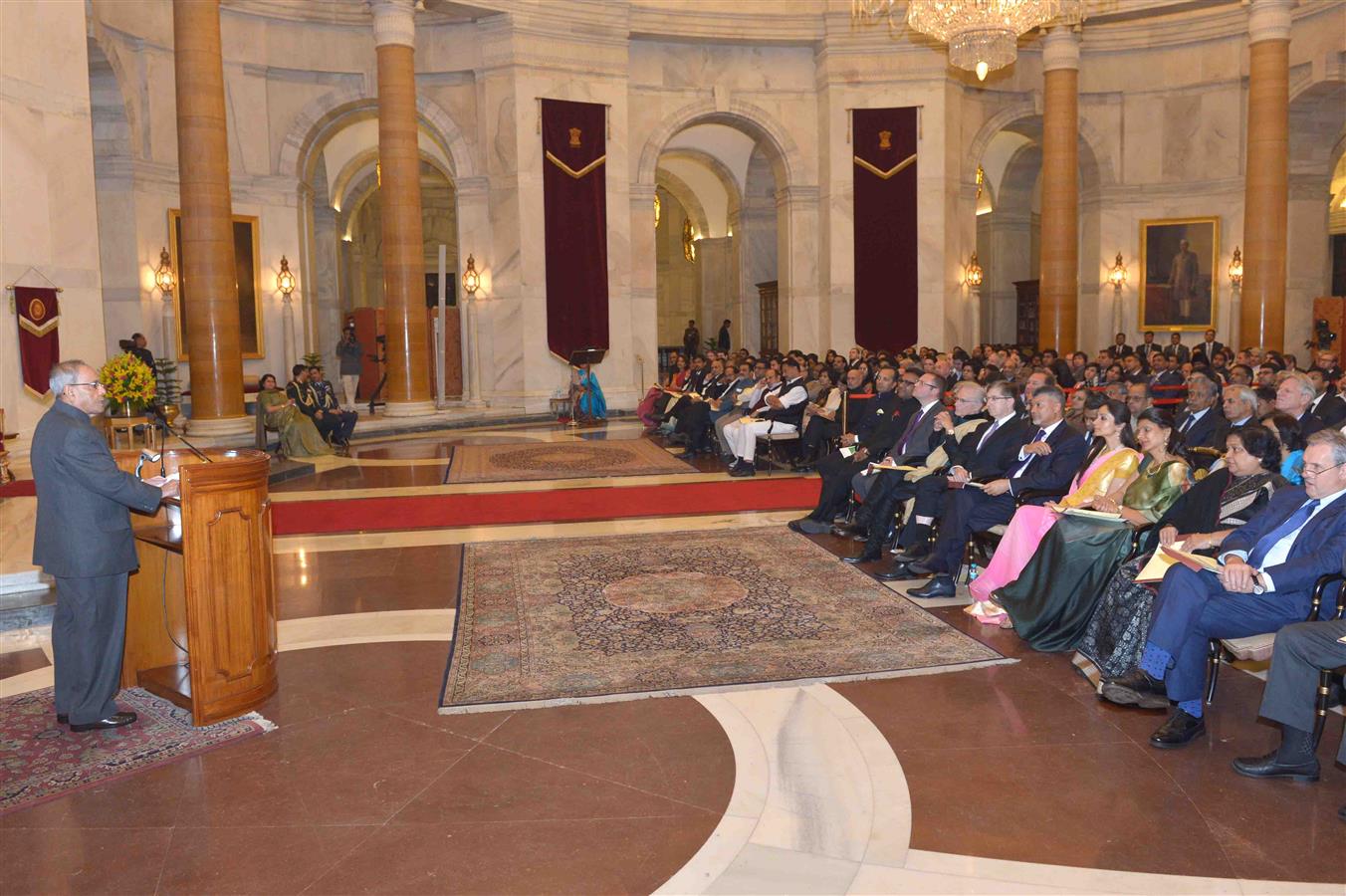 The President of India, Shri Pranab Mukherjee addressing the delegates to the Global Academic Summit at Rashtrapati Bhavan on December 2, 2015.