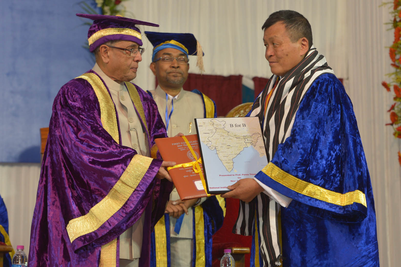 The President of India, Shri Pranab Mukherjee presenting Hony. Doctorate of Education to the Vice Chancellor of Royal University of Bhutan, Prof. Prma Thinley at the First Convocation of National Institute of Technology, Aru 