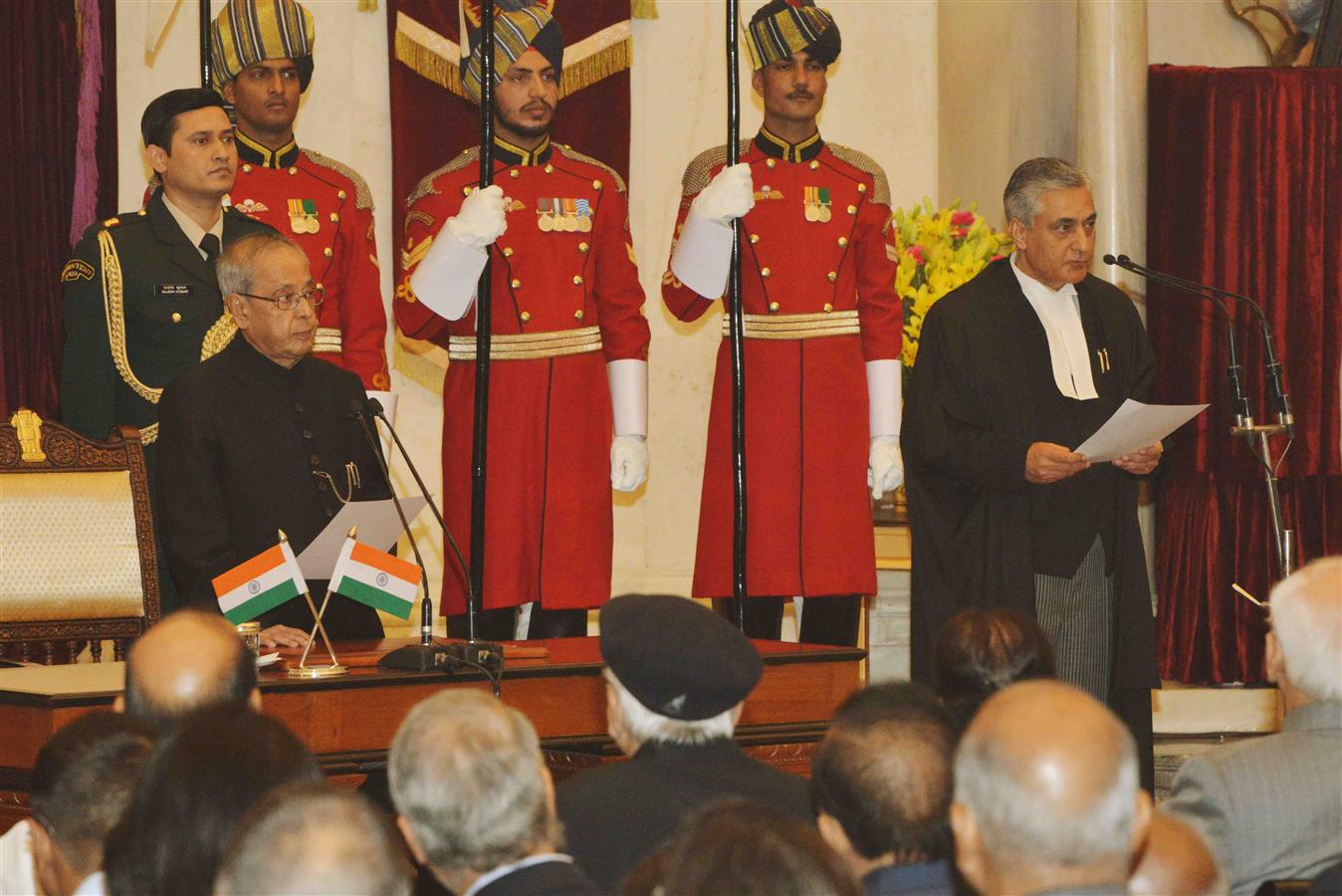 The President of India, Shri Pranab Mukherjee administrating the oath of Chief Justice of India, Shri Justice T.S. Thakur at Rashtrapati Bhavan on December 03, 2015.