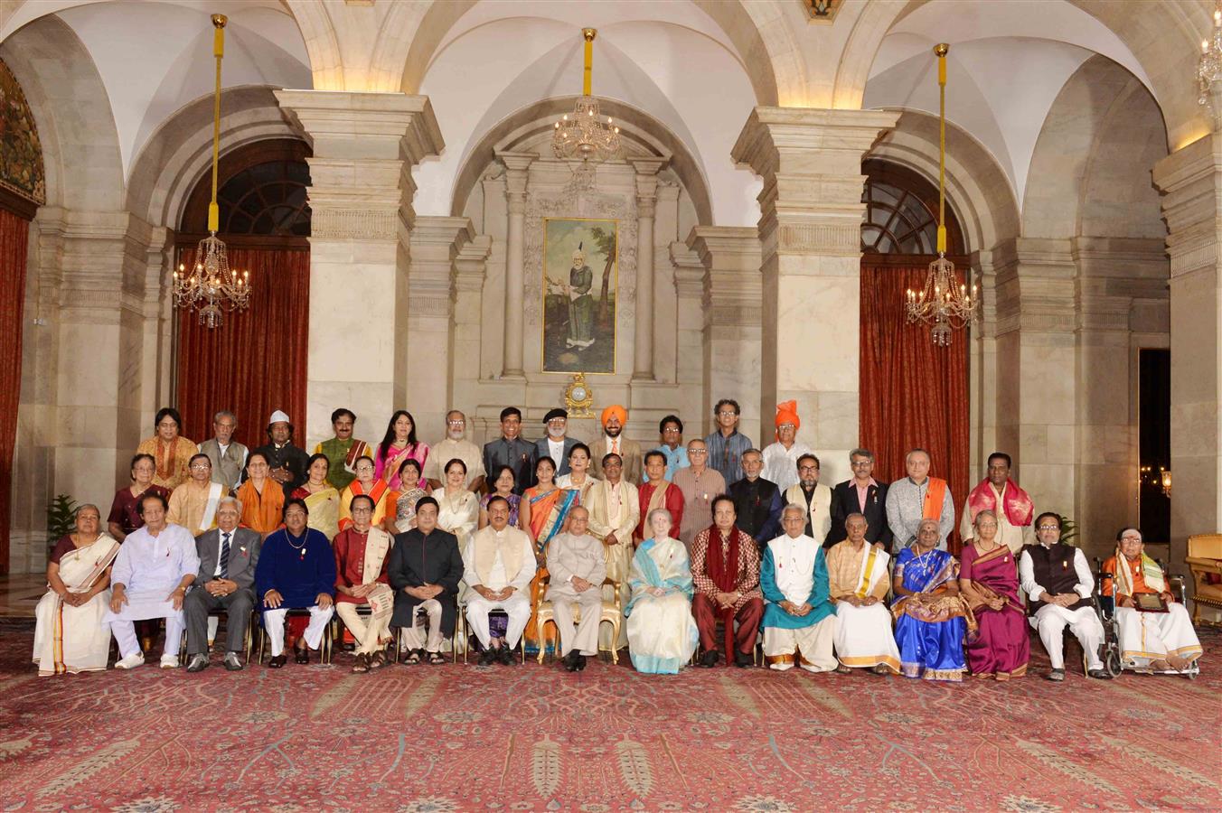 The President of India, Shri Pranab Mukherjee with recipients Sangeet Natak Akademi’s Fellowships and Sangeet Natak Akademi Awards for the year 2015 at Rashtrapati Bhavan on October 4, 2016. 