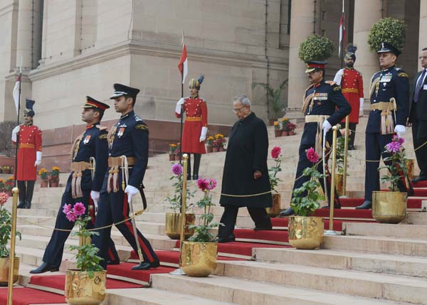 The President of India Shri Pranab Mukherjee arriving in procession for attending the Beating Retreat function at Vijay Chowk in New Delhi on January 29, 2014. 