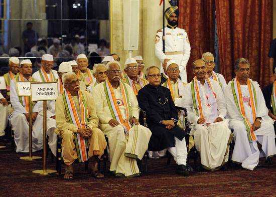 The President of India, Shri Pranab Mukherjee, hosted At Home to the Freedom Fighters on the occasion of the 70th anniversary of the Quit India Movement at Rashtrapati Bhavan on August 9, 2012.