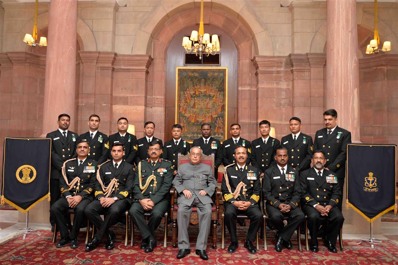 The President of India, Shri Pranab Mukherjee with Naval Contingent in attachment with the Rashtrapati Bhavan on the occasion of Navy Day at Rashtrapati Bhavan on December 4, 2015.