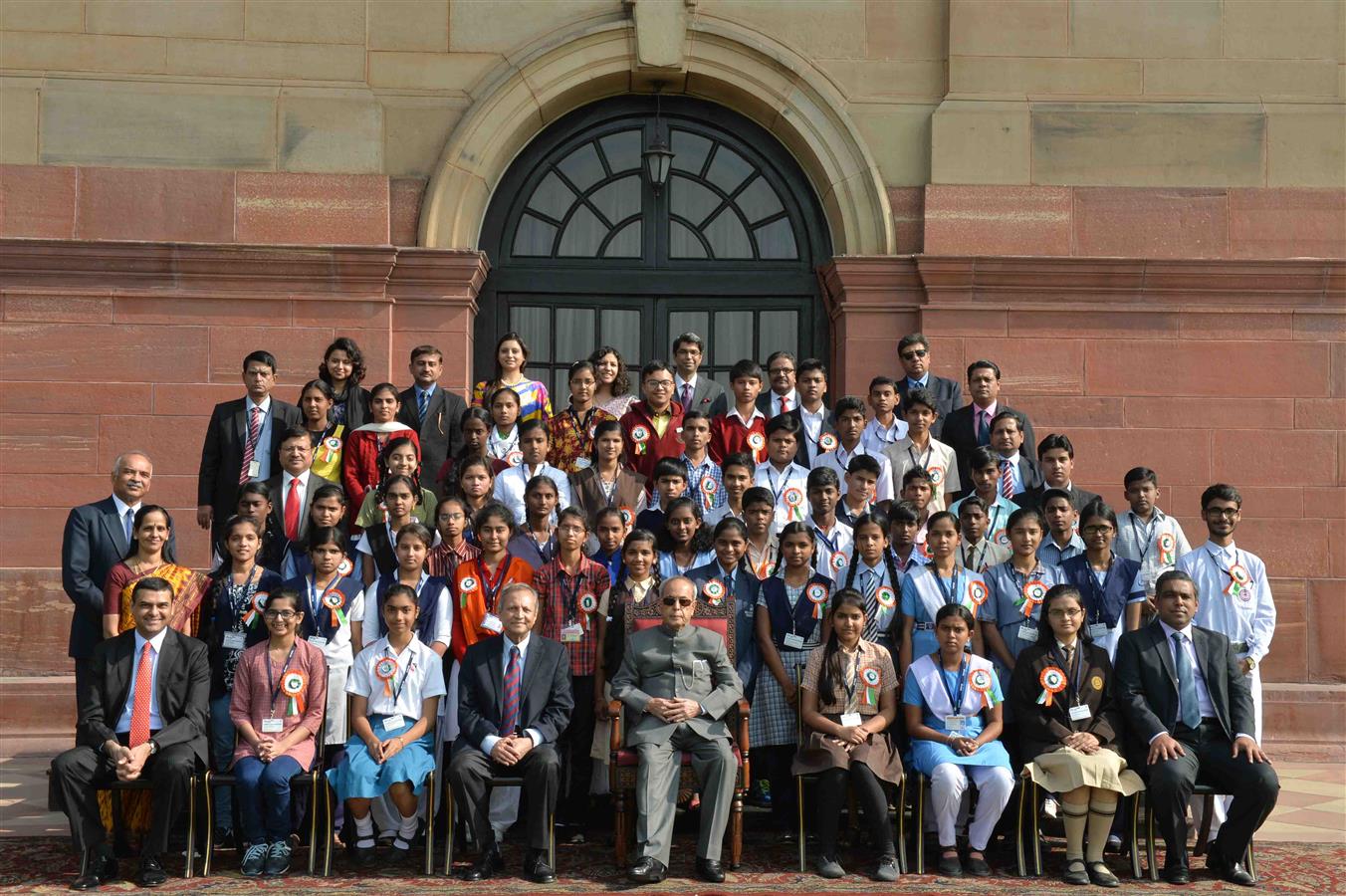 The President of India, Shri Pranab Mukherjee with Winners of the 2012-13 and 2013-14 Nationwide 'Tata Building India School Essay Competition’ at Rashtrapati Bhavan on December 4, 2015.