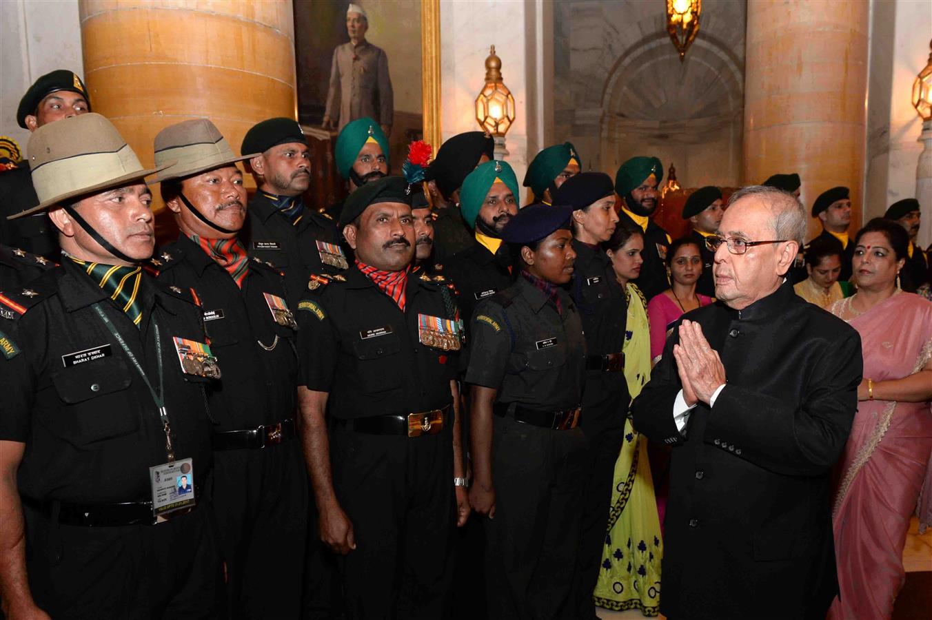 The President of India, Shri Pranab Mukherjee meeting with the Territorial Army Officers, JCOs and other Ranks along with their spouses on the occasion of Raising Day of Territorial Army at Rashtrapati Bhavan on October 6, 2016. 