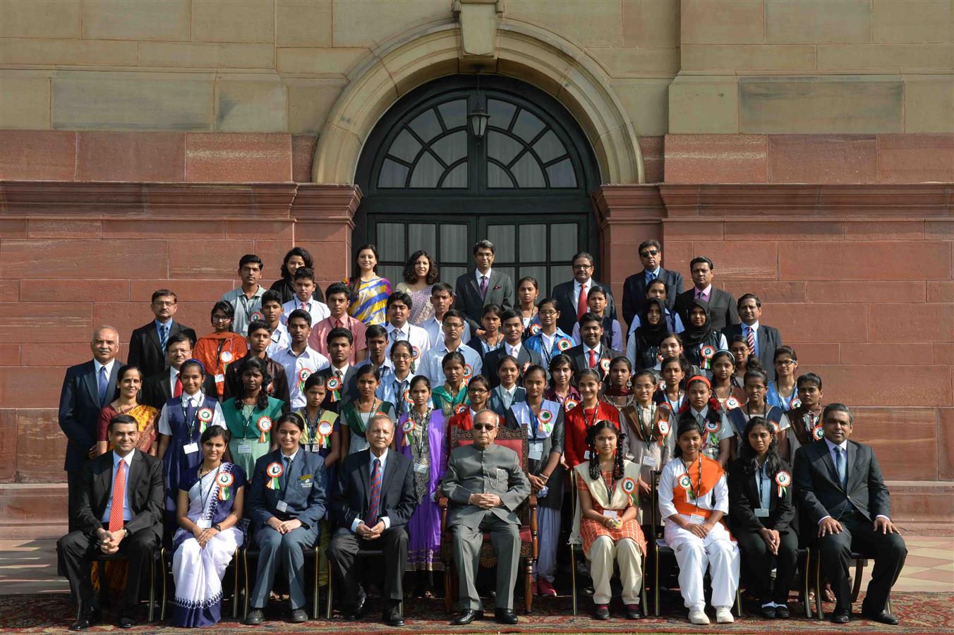 The President of India, Shri Pranab Mukherjee with Winners of the 2012-13 and 2013-14 Nationwide 'Tata Building India School Essay Competition’ at Rashtrapati Bhavan on December 4, 2015.