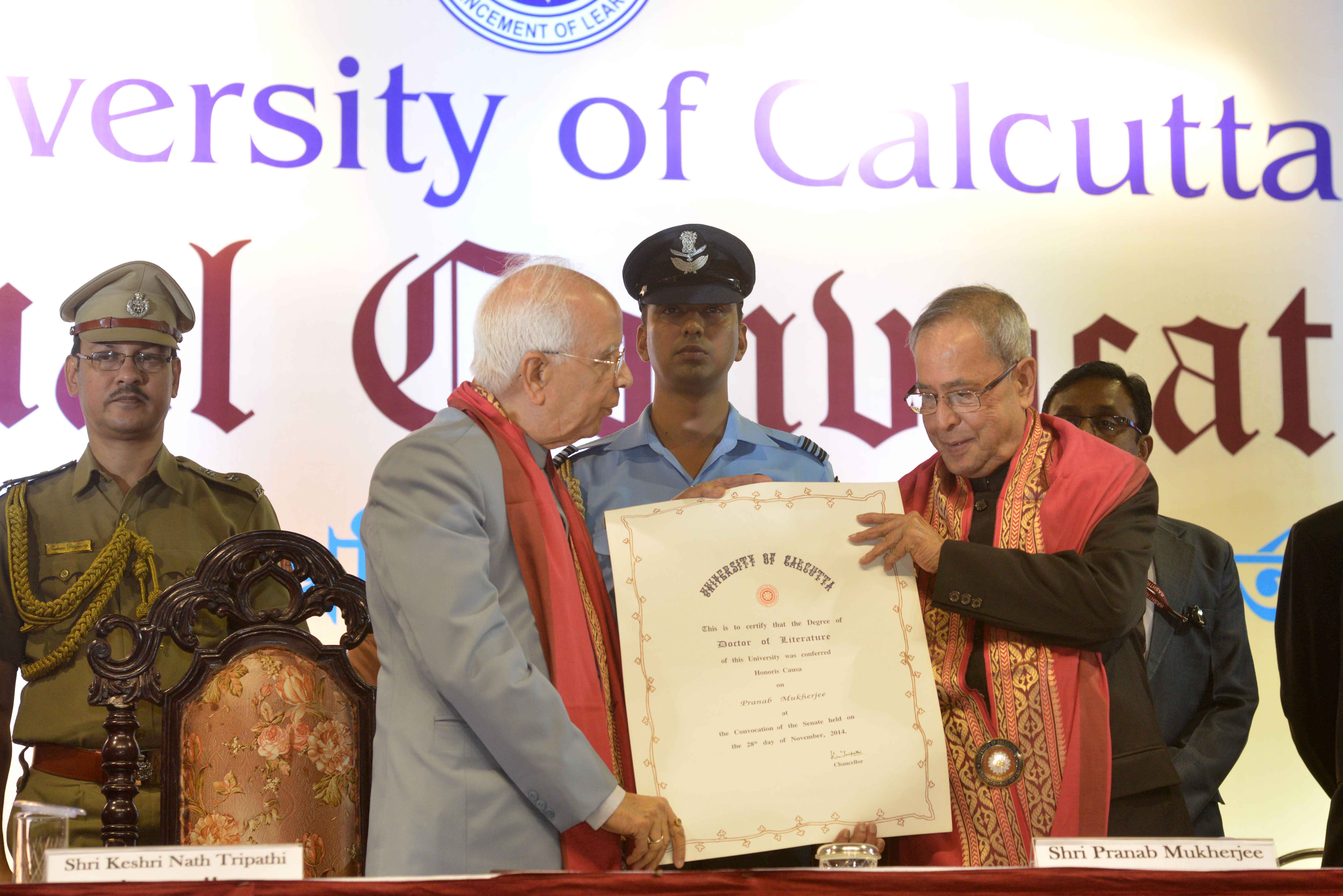 The President of India, Shri Pranab Mukherjee being conferred a D Litt/Law Degree (Honoris Causa) as well as the Asutosh Mookerjee Memorial Medal at the Annual Convocation of the University of Calcutta at Kolkata on November 28, 2014. 