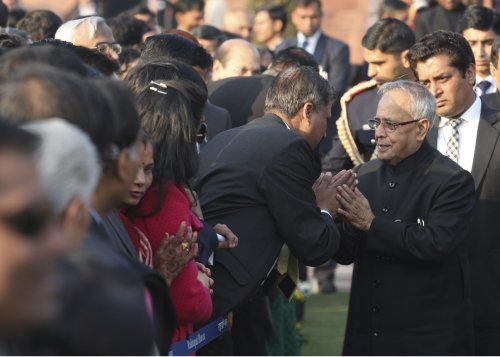 The President of India Shri Pranab Mukherjee meeting some of the invitees at the 'At Home' Reception hosted by the President on the lawns of the Mughal Gardens at Rashtrapati Bhavan in New Delhi on January 26, 2013 on the occasion of the 64th Republic Day