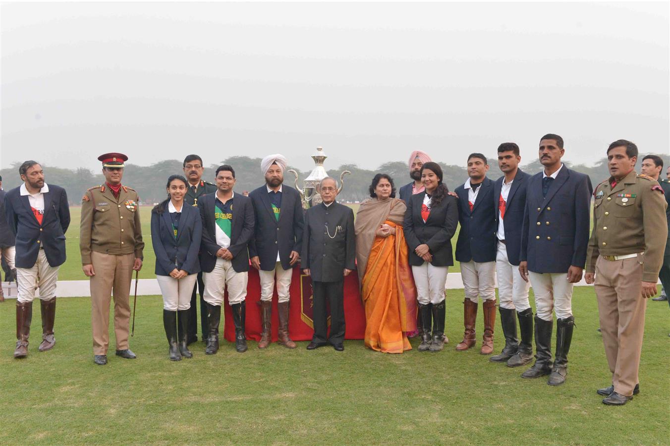 The President of India, Shri Pranab Mukherjee presenting the prizes to the participants of the President's Polo Cup Exhibition Match at PBG Parade Ground (Polo Field) on December 6, 2015.