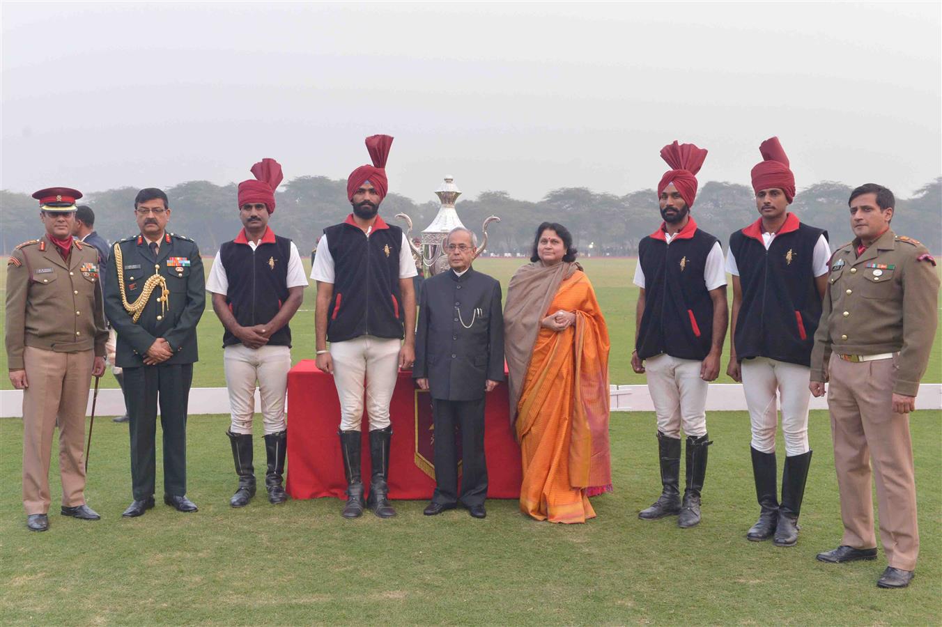 The President of India, Shri Pranab Mukherjee presenting the prizes to the participants of the President's Polo Cup Exhibition Match at PBG Parade Ground (Polo Field) on December 6, 2015.