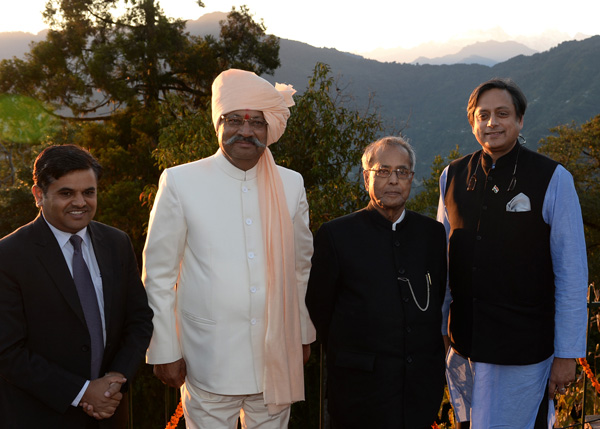 The President of India, Shri Pranab Mukherjee along with Governor of Sikkim, Shri Shriniwas D. Patil and the Union Minister of State for Human Resource Development, Dr. Shashi Tharoor during the visit to Sikkim at Gangtok in Sikkim on November 10, 2013.