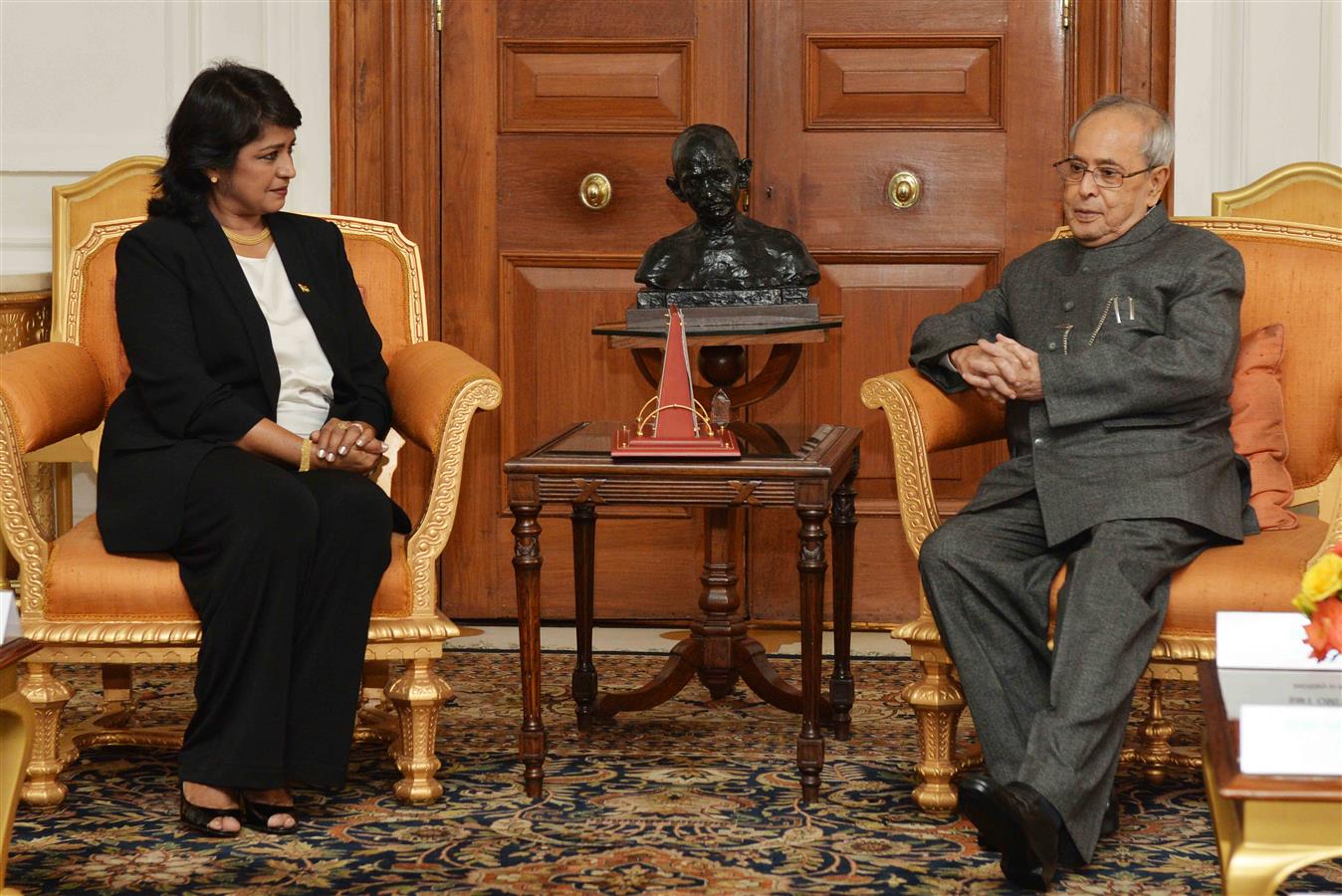 TThe President of the Republic of Mauritius, H.E. Dr.(Mrs.) Ameenah Gurib-Fakim calling on the President of India, Shri Pranab Mukherjee at Rashtrapati Bhavan on December 7, 2015.