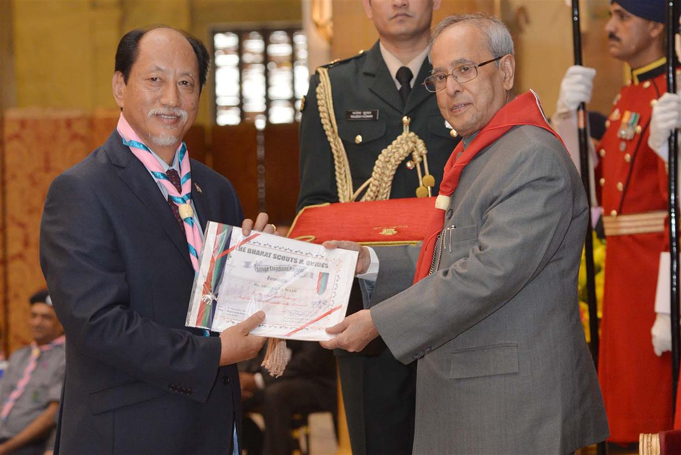 The President of India, Shri Pranab Mukherjee presenting the Rashtrapati Award Certificates for the Year 2014 to Scouts, Guides, Rovers and Rangers at Rashtrapati Bhavan on December 8, 2015.