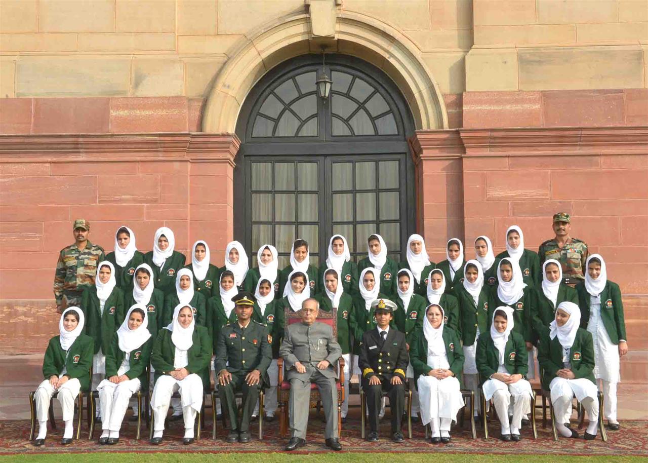 The President of India, Shri Pranab Mukherjee with Girl Students from Government Schools of Srinagar attending Operation Sadbhavana tour organized by the 7RR/15 Corps of Northern Command at Rashtrapati Bhavan on December 8, 2015.