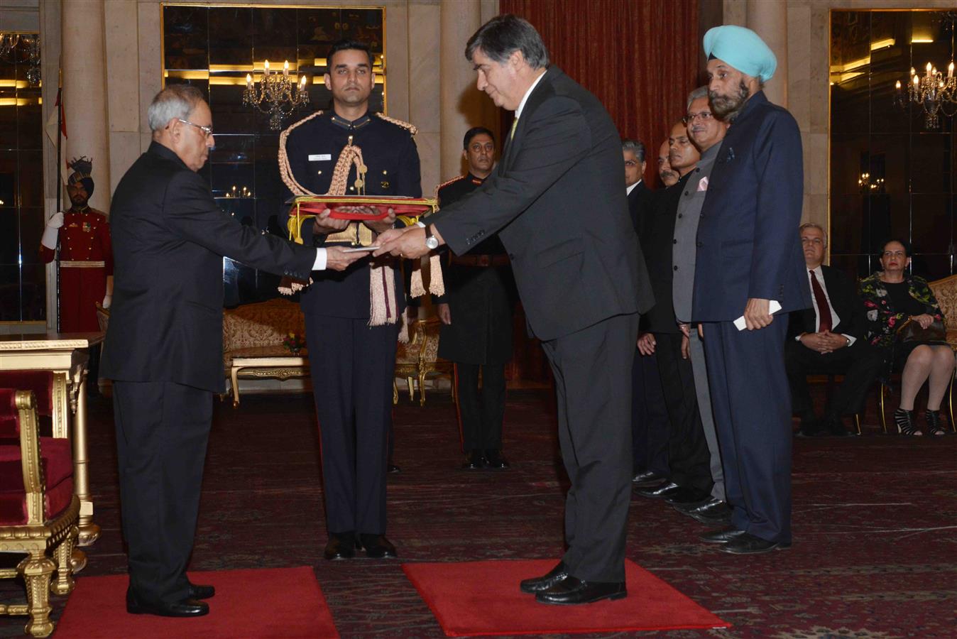 The Ambassador of Portugal, H.E. Mr. Joao do Carmo Ataide da Camara presenting his credential to the President of India Shri Pranab Mukherjee at Rashtrapati Bhavan on December 9, 2015.