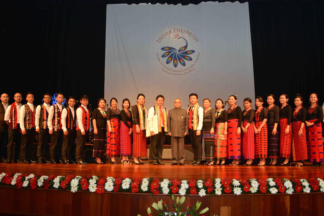 The President of India, Shri Pranab Mukherjee with artists after witnessing a Christmas Carols performance by the 'Ao Naga Choir' at Rashtrapati Bhavan Auditorium on December 10, 2015.