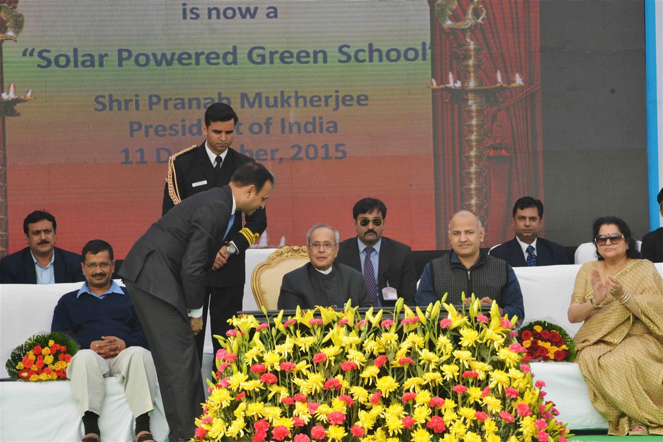 The President of India, Shri Pranab Mukherjee during the declaration of Dr. Rajendra Prasad Sarvodaya Vidyalaya as 'Solar Powered Green School' at President's Estate on December 11, 2015.