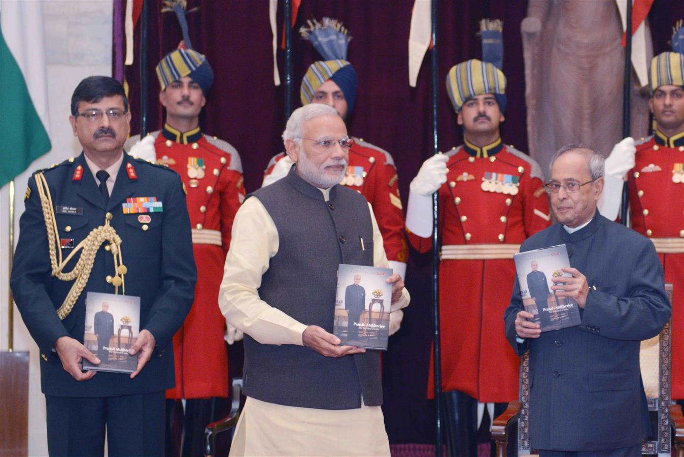 The President of India, Shri Pranab Mukherjee receiving first copy of the book ‘Selected Speeches of the President’ Vol. III from the Prime Minister of India, Shri Narendra Modi at Rashtrapati Bhavan on December 11, 2015.