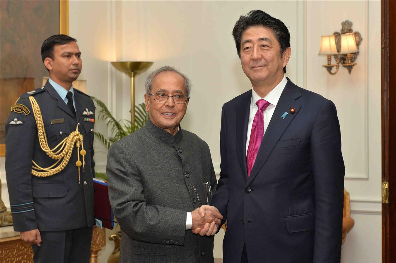 The Prime Minister of Japan, H.E. Mr. Shinzo Abe calling on the President of India, Shri Pranab Mukherjee at Rashtrapati Bhavan on December 12, 2015.