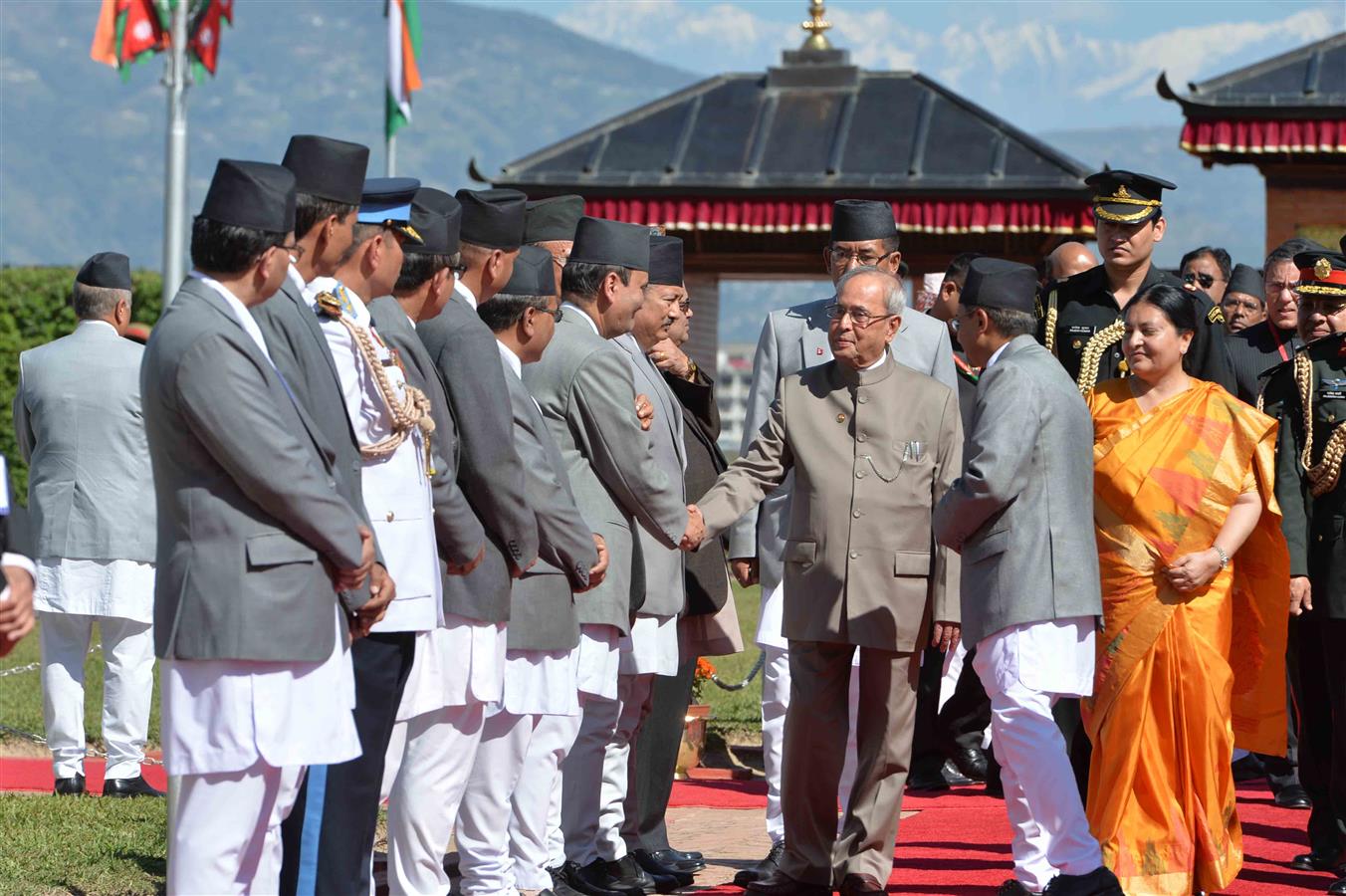 The President of India, Shri Pranab Mukherjee being introduced by Nepali Government Officials on his arrival at Tribhuvan International Airport in Kathmandu, Nepal on November 02, 2016. 