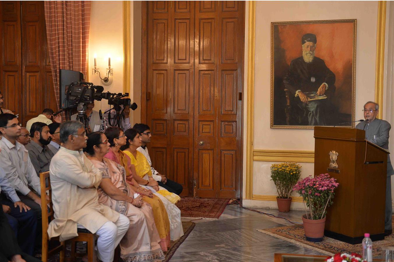 The President of India, Shri Pranab Mukherjee delivering the Debranjan Mukherji Memorial Lecture at Raj Bhavan, Kolkata in West Bengal on December 13, 2015.