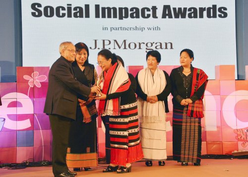 The President of India, Shri Pranab Mukherjee while presenting the Lifetime Contribution Award at the function organised for Presentation of Times of India Social Impact Awards at Hotel Ashok, Chanakyapuri in New Delhi on January 28, 2013.