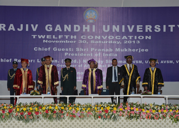 The President of India, Shri Pranab Mukherjee attending the XII Convocation of Rajiv Gandhi University at Doimukh in Arunachal Pradesh on November 30, 2013. Also seen is the Governor of Arunachal Pradesh, Lt. General(Retd.) Nirbhay Sharma.