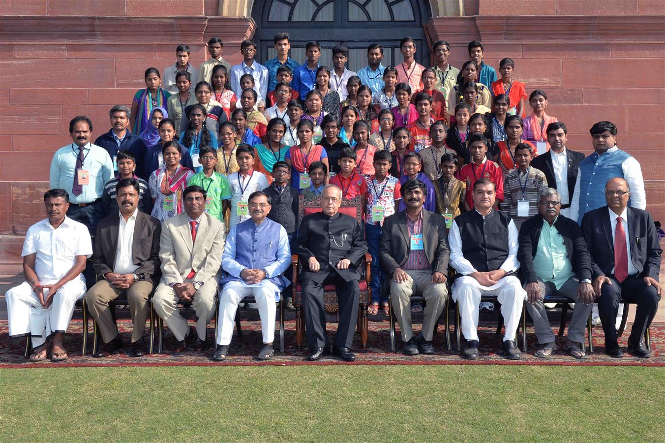 The President of India, Shri Pranab Mukherjee with Winners of the Thirukural Competition at Rashtrapati Bhavan on December 16, 2015.