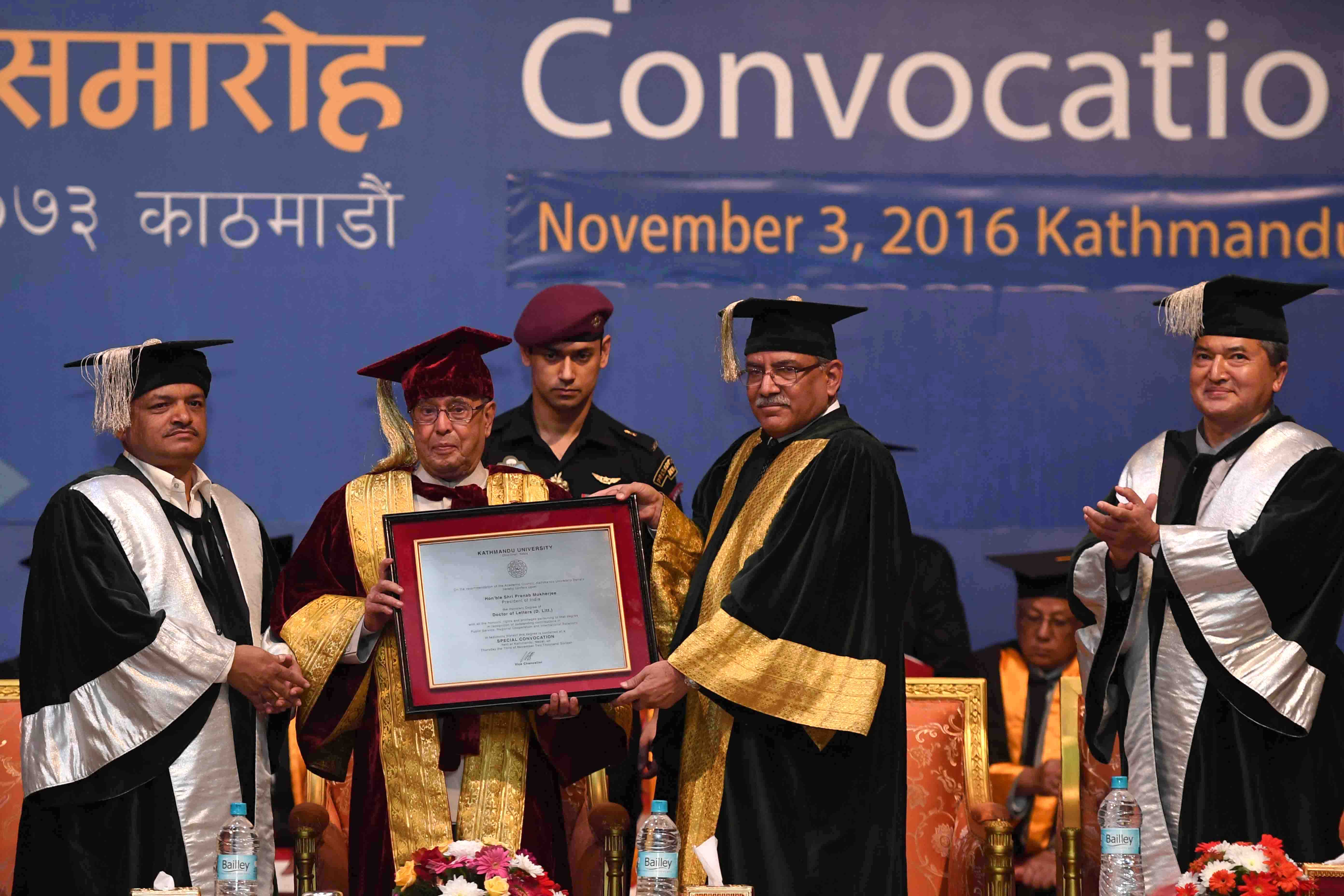 The President of India, Shri Pranab Mukherjee being conferred the honorary D. Litt degree by the Kathmandu University at the Special Convocation of Kathmandu University during Silver Jubilee of the University at Kathmandu in Nepal on November 3, 2016. 