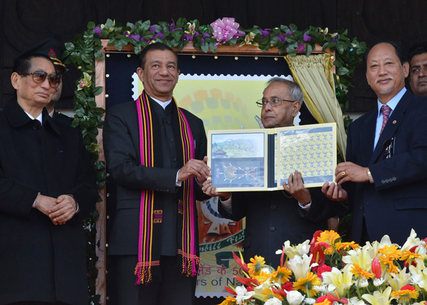 The President of India, Shri Pranab Mukherjee releasing a Commemorative Stamp on the occasion of Nagaland State’s Golden Jubilee Year Celebrations and Hornbill Festival 2013 at Kisama at Nagaland on December 1, 2013.