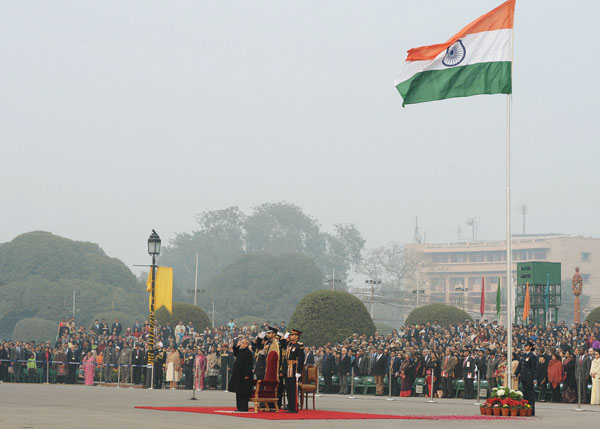 The President of India Shri Pranab Mukherjee taking the salute at the Beating Retreat function at Vijay Chowk in New Delhi on January 29, 2014. 