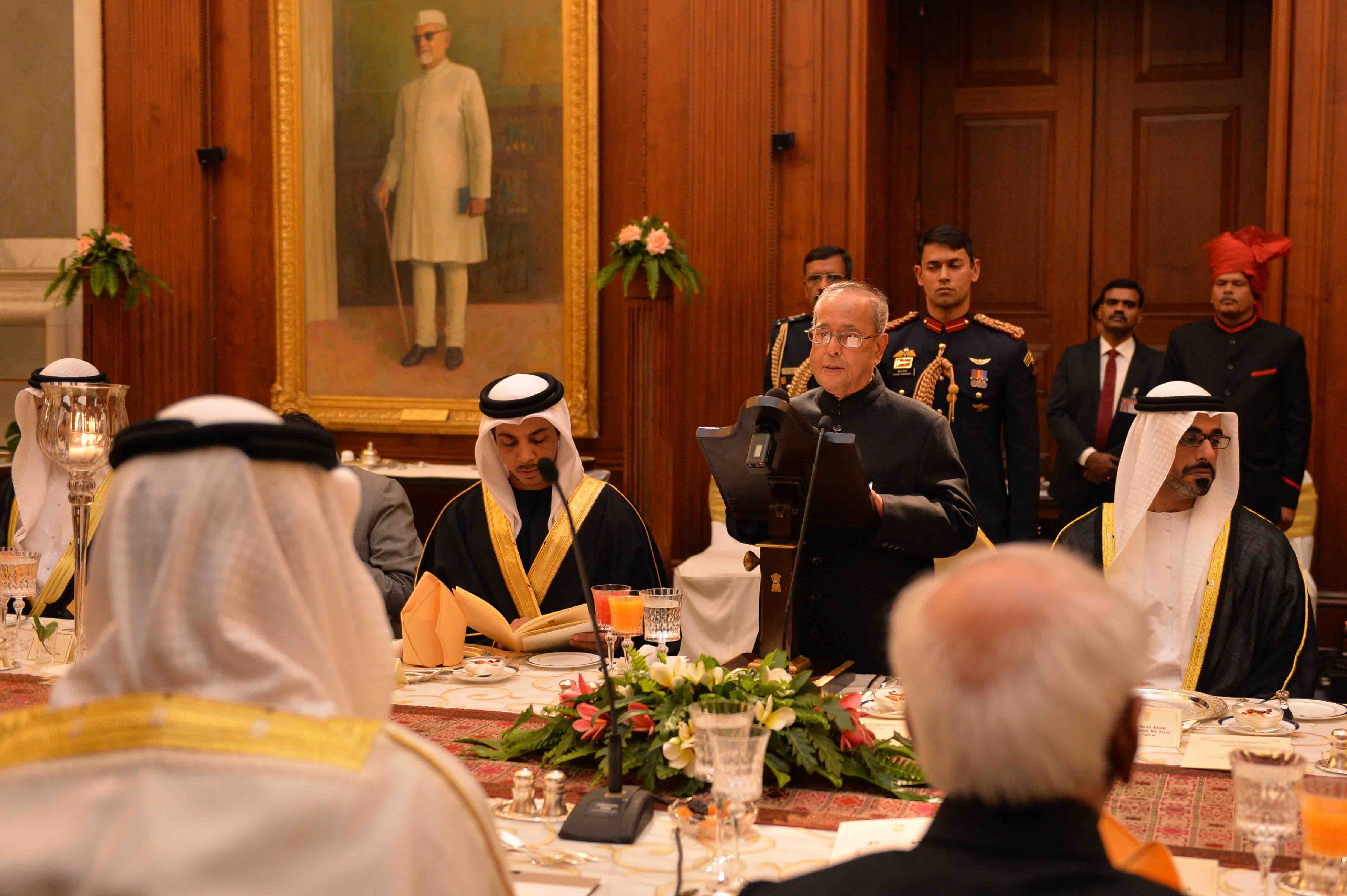 The President of India, Shri Pranab Mukherjee addressing at the Banquet in Honour of Crown Prince of Abu Dhabi, HH General Sheikh Mohammed Bin Zayed Al Nahyan at Rashtrapati Bhavan on January 25, 2017.