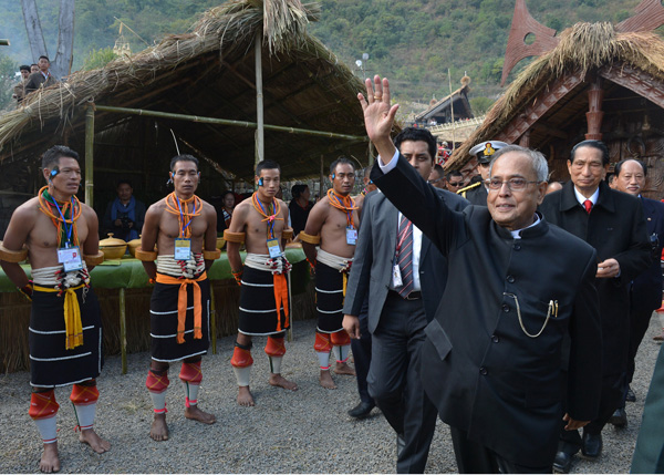 The President of India, Shri Pranab Mukherjee visiting the Pochury and Chakhesang Morung (Tribal Huts with Tribal People) at Window of Nagaland Gate, Kisama at Nagaland on December 1, 2013.