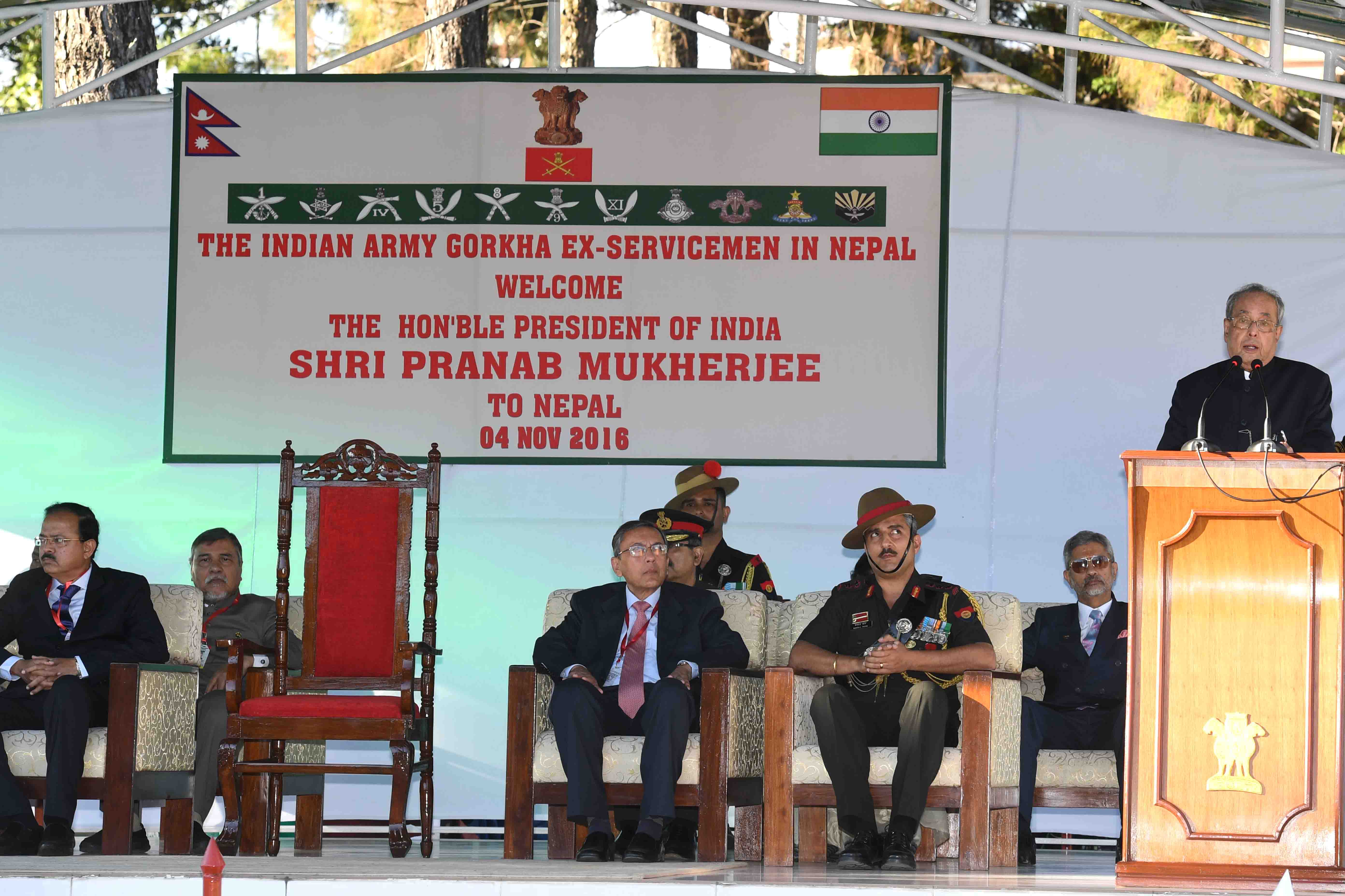 The President of India, Shri Pranab Mukherjee addressing the gathering of Gurkha ex-servicemen of Indian Army at Pension Payment Office, Pokhara in Nepal on November 4, 2016. 