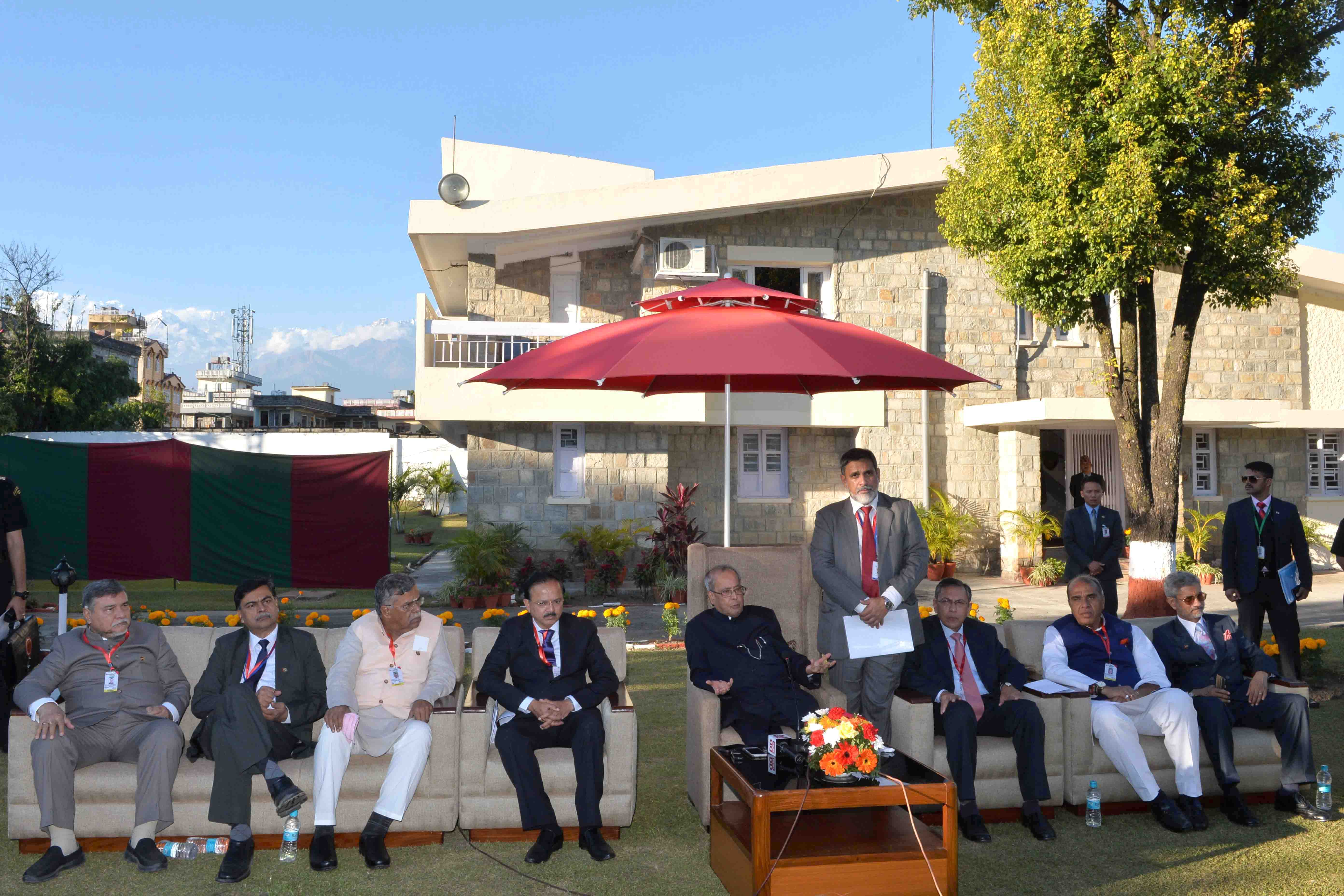 The President of India, Shri Pranab Mukherjee interacting with the accompanying media persons at Pension Payment Office, Pokhara in Nepal on November 4, 2016. 